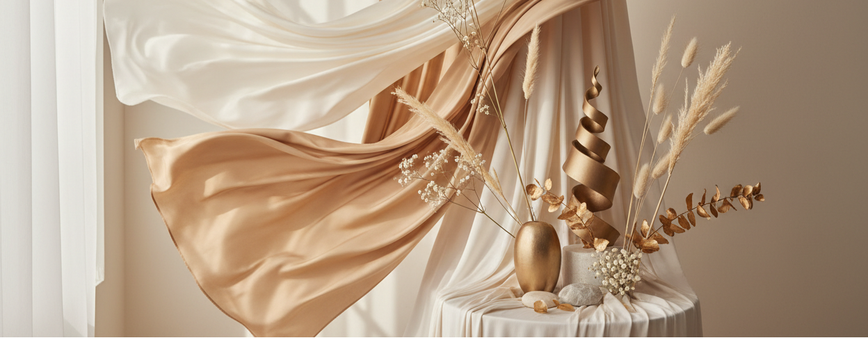 Decorative setup with flowing fabric, gold vases, and dried plants against a neutral background