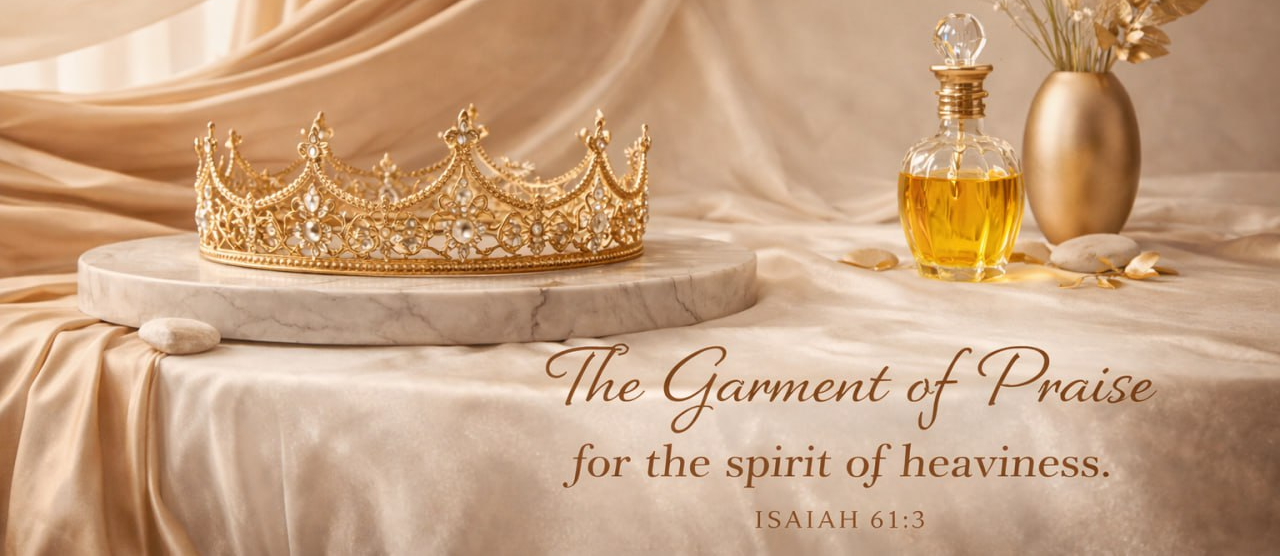 Gold crown on a marble stand with a bottle of oil and vase of flowers against a beige curtain background.